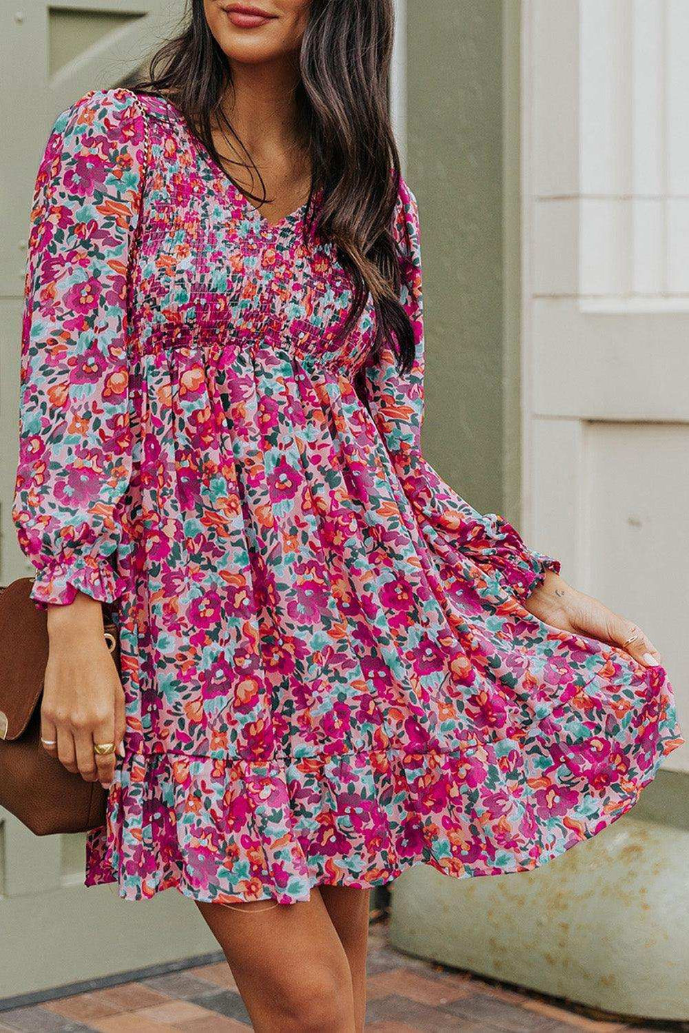 Floral Smocked V-Neck Flounce Sleeve Dress - Trendsi - Flyclothing LLC