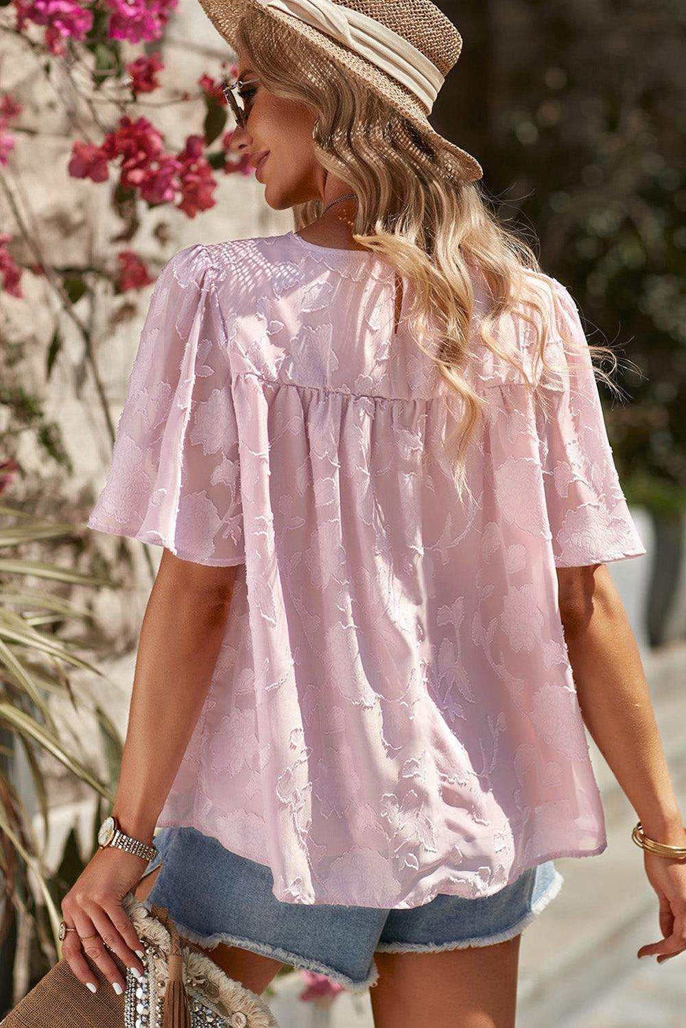 Round Neck Puff Sleeve Blouse - Trendsi - Flyclothing LLC