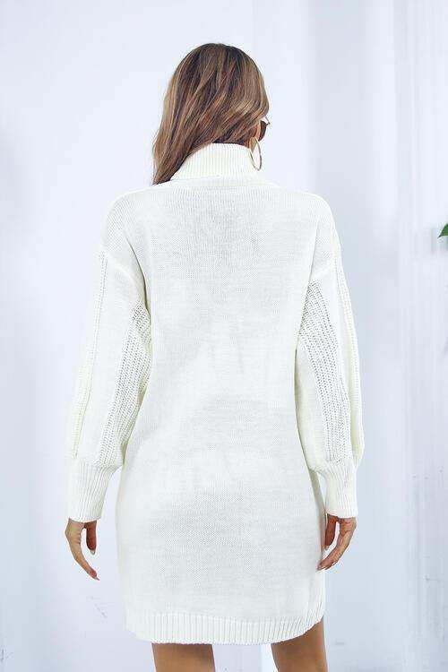 Openwork Turtleneck Long Sleeve Sweater Dress - Trendsi - Flyclothing LLC