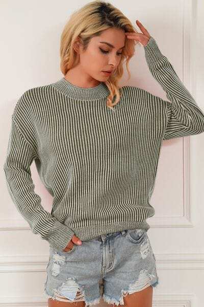 Striped Mock Neck Dropped Shoulder Sweater - Trendsi - Flyclothing LLC