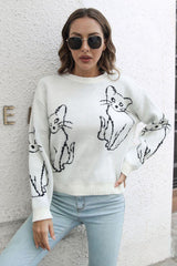 Cat Pattern Round Neck Long Sleeve Pullover Sweater - Trendsi