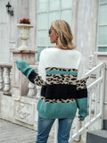 Leopard Color Block V-Neck Sweater - Trendsi