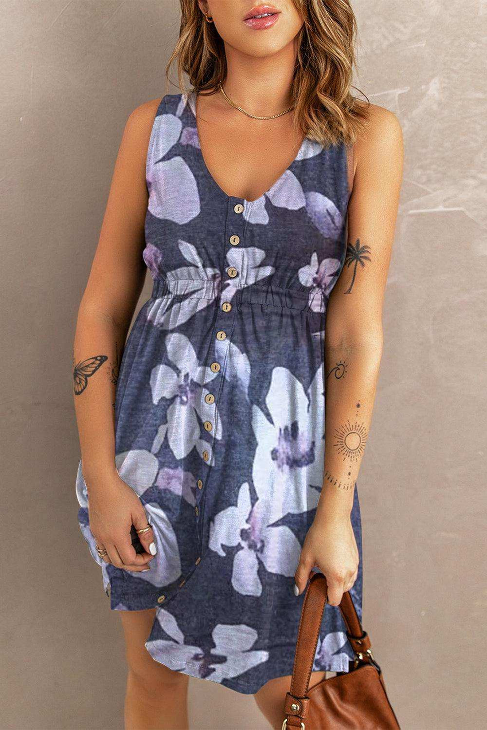 Buttoned Round Neck Sleeveless Mini Magic Dress - Trendsi - Flyclothing LLC