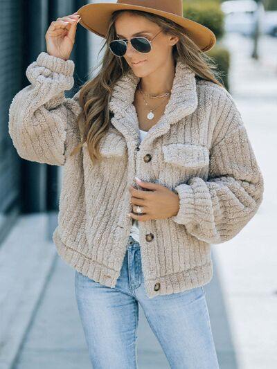 Fuzzy Button Up Collared Neck Jacket - Trendsi