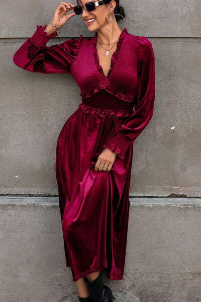 Smocked Lantern Sleeve Midi Dress - Trendsi - Flyclothing LLC