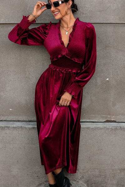 Smocked Lantern Sleeve Midi Dress - Trendsi - Flyclothing LLC