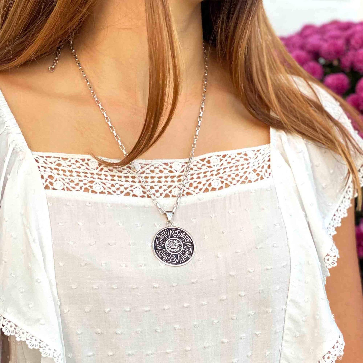 Alpaca Silver Aztec Face Pendant with Chain - Artisana - Flyclothing LLC