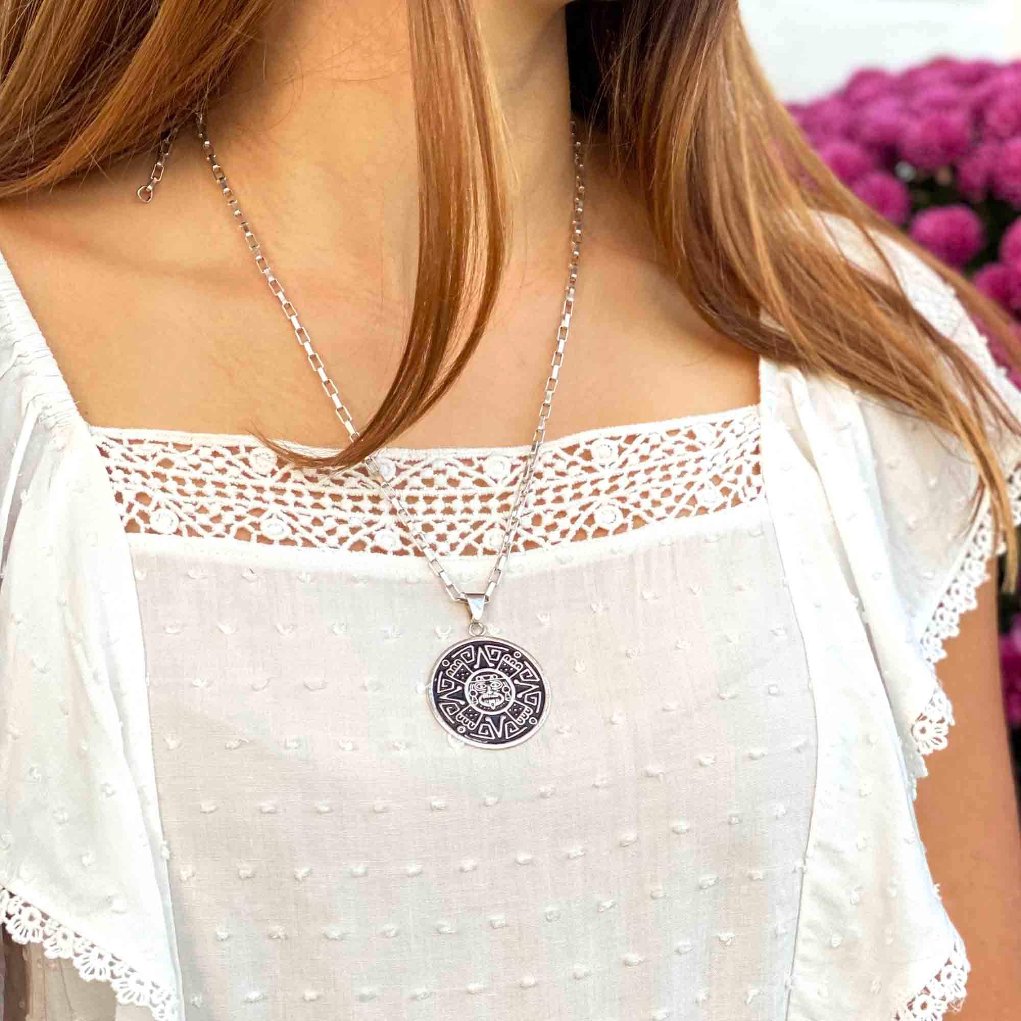 Alpaca Silver Aztec Face Pendant with Chain - Artisana - Flyclothing LLC