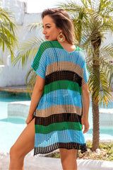 Openwork Striped V-Neck Short Sleeve Cover Up - Trendsi - Flyclothing LLC