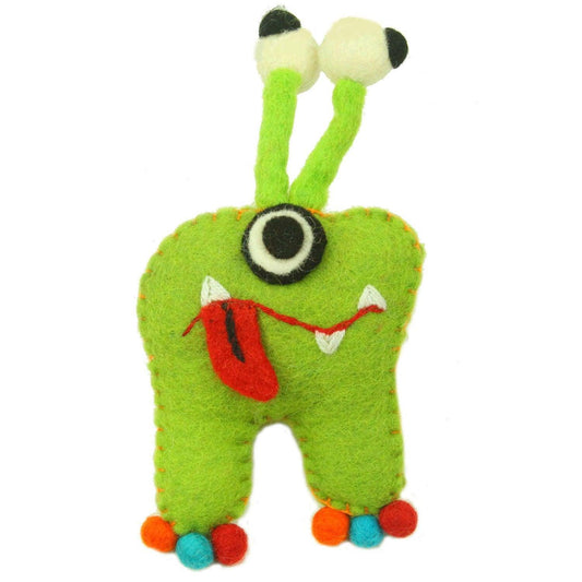 Hand Felted Green Tooth Monster with Bug Eyes - Global Groove - Global Groove