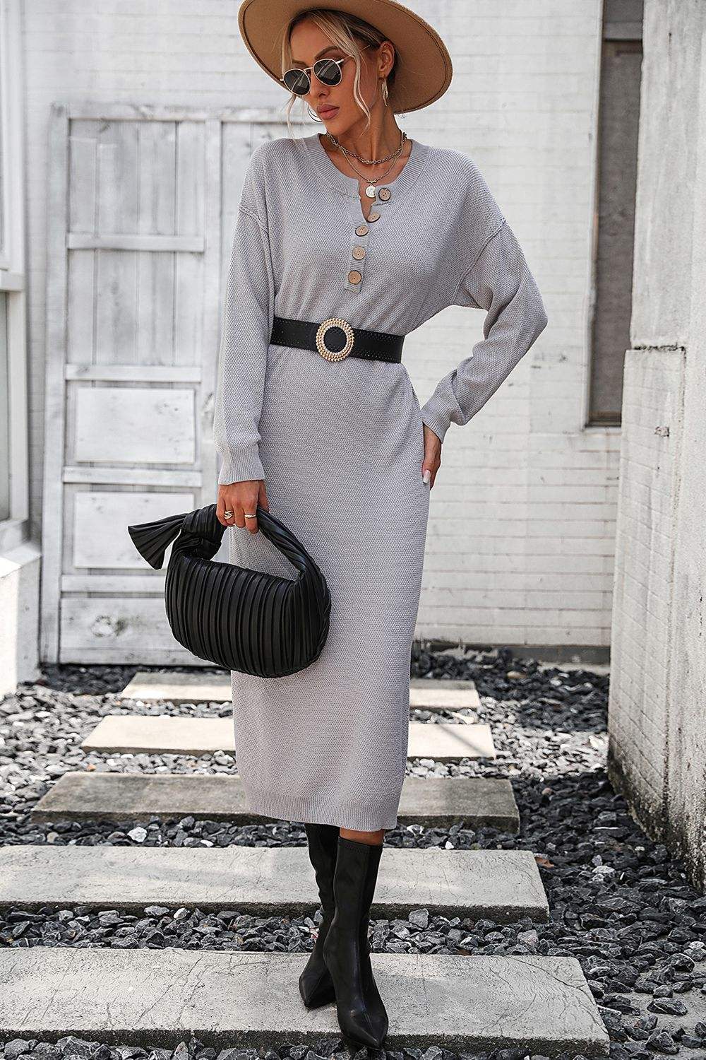 Notched Neck Dropped Shoulder Button-Down Midi Dress - Trendsi - Flyclothing LLC