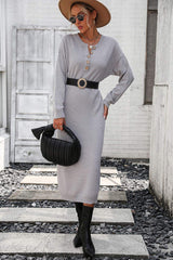 Notched Neck Dropped Shoulder Button-Down Midi Dress - Trendsi - Flyclothing LLC