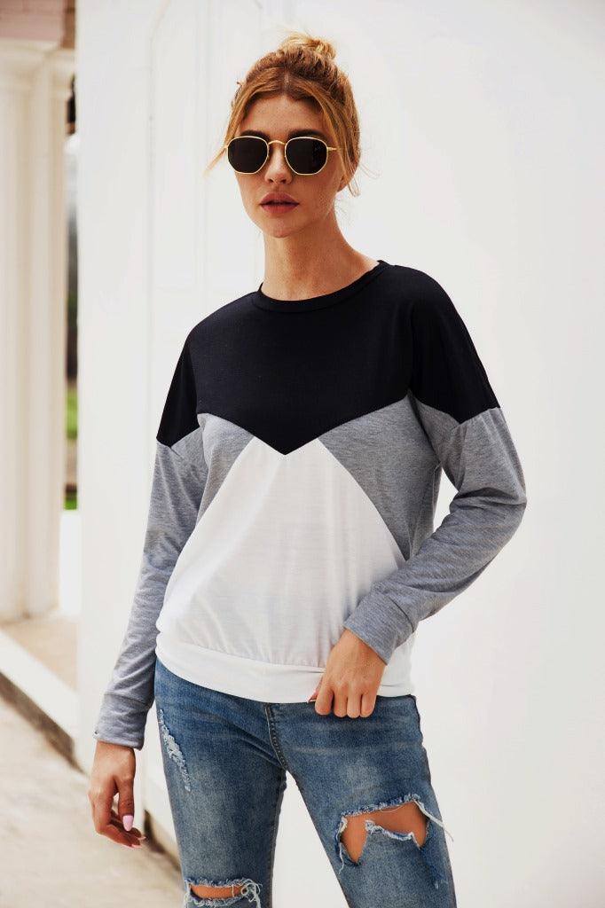 Color Block Round Neck Long Sleeve Top - Trendsi