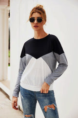 Color Block Round Neck Long Sleeve Top - Trendsi