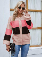 Color Block Button Up Lantern Sleeve Cardigan - Trendsi