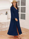 Plus Size Tie Neck Long Sleeve Slit Dress - Trendsi - Flyclothing LLC