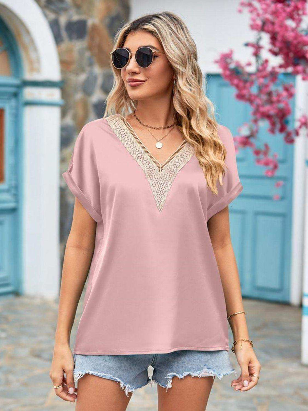 V-Neck Cuffed Blouse - Trendsi - Flyclothing LLC