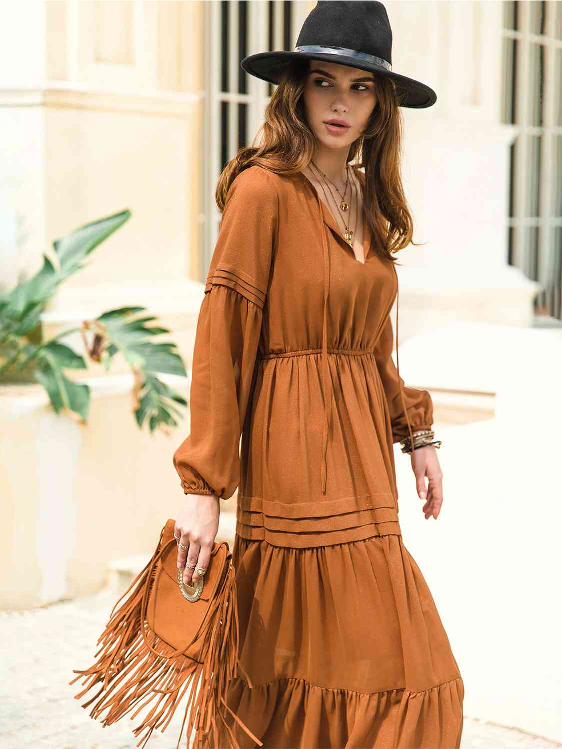 Tie Neck Long Sleeve Midi Tiered Dress - Trendsi - Flyclothing LLC