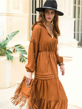 Tie Neck Long Sleeve Midi Tiered Dress - Trendsi - Flyclothing LLC