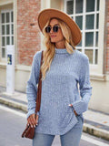 Ribbed Turtleneck Long Sleeve Slit Knit Top - Trendsi - Flyclothing LLC