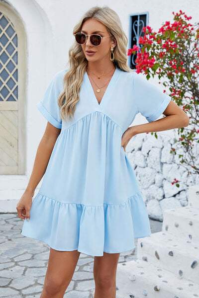 Ruched Tiered V-Neck Short Sleeve Mini Dress - Trendsi - Flyclothing LLC