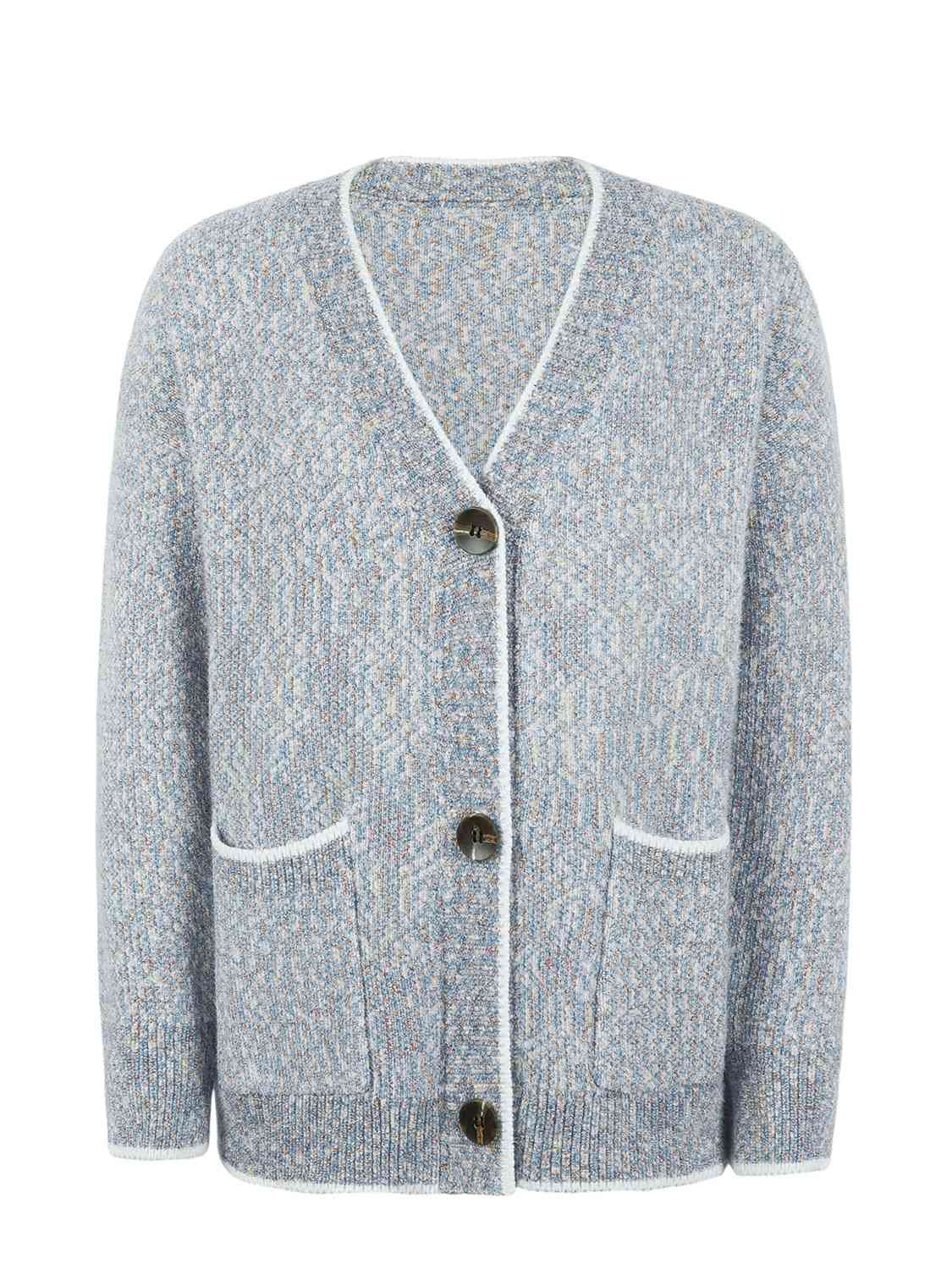 Button Down V-Neck Cardigan with Pockets - Trendsi - Flyclothing LLC
