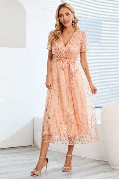 Sequin Leaf Embroidery Tie Front Short Sleeve Dress - Trendsi - Flyclothing LLC