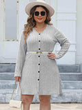Plus Size Ribbed Buttoned V-Neck Long Sleeve Dress - Trendsi - Flyclothing LLC