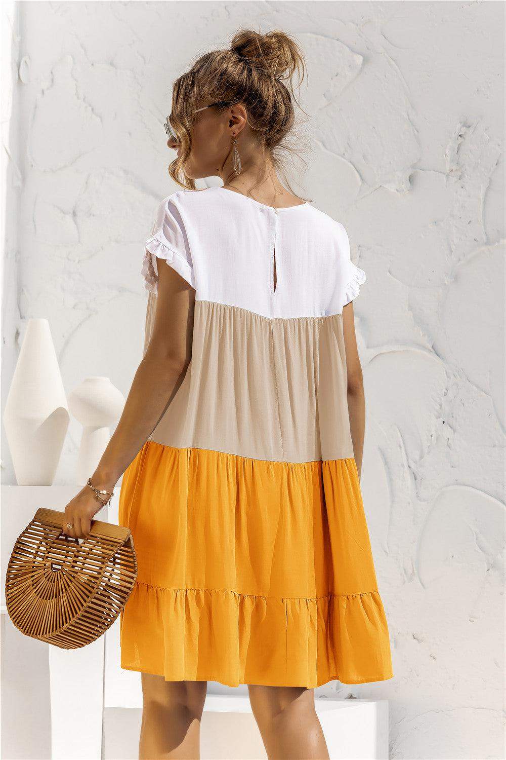 Color Block Round Neck Ruffle Hem Dress - Trendsi - Flyclothing LLC