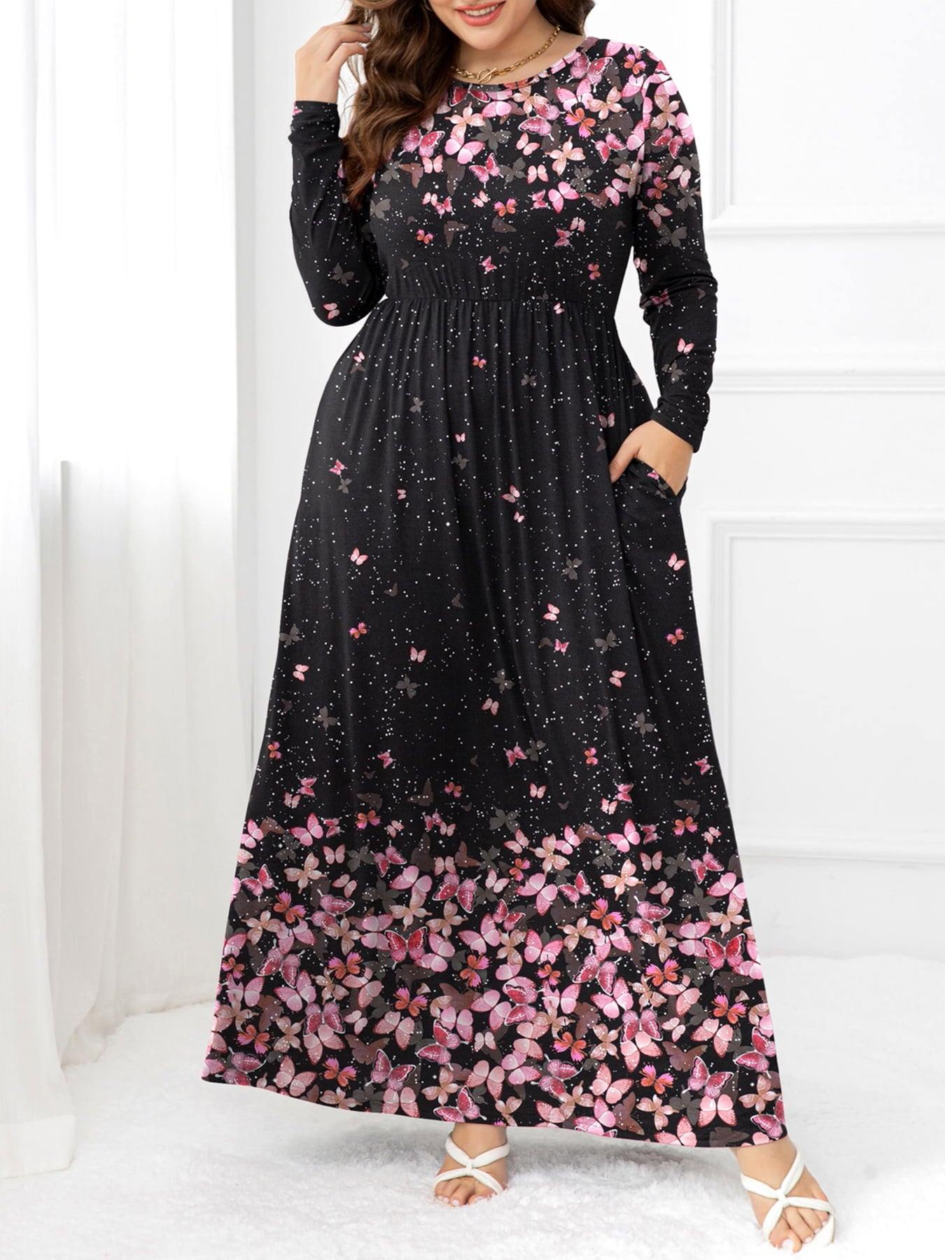 Plus Size Round Neck Maxi Dress with Pockets - Trendsi