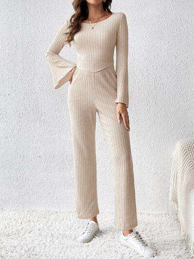 Ribbed Flare Sleeve Top and Pants Set - Trendsi - Flyclothing LLC
