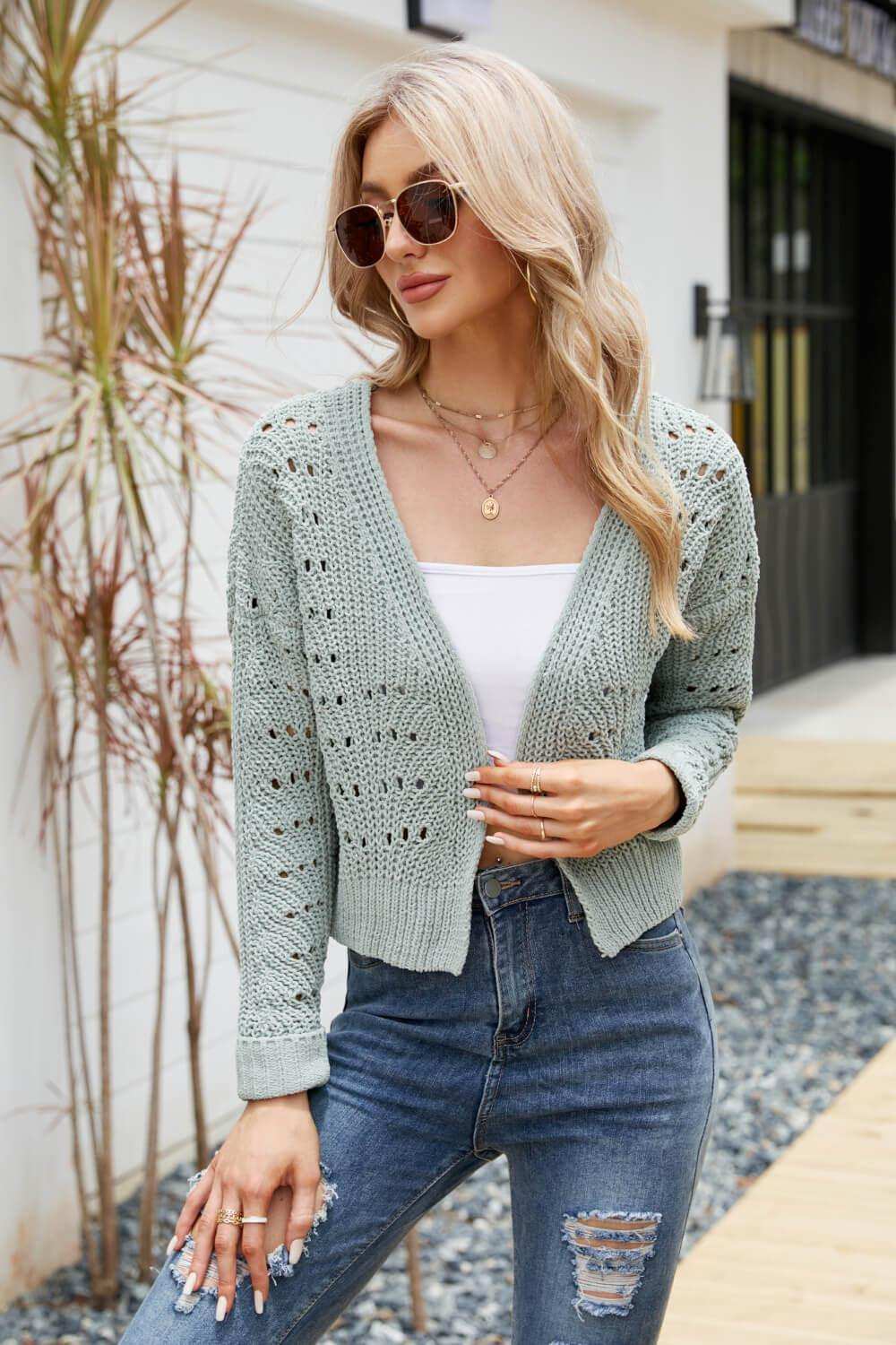 Open Front Cuffed Cropped Cardigan - Trendsi - Flyclothing LLC