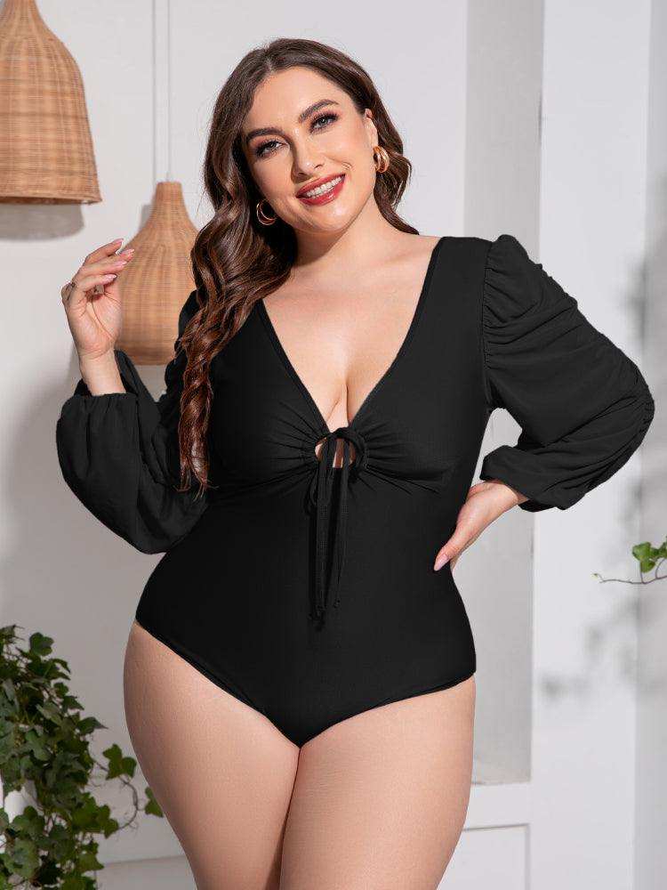Plus Size Tied Deep V Balloon Sleeve One-Piece Swimsuit - Trendsi - Flyclothing LLC