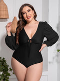 Plus Size Tied Deep V Balloon Sleeve One-Piece Swimsuit - Trendsi