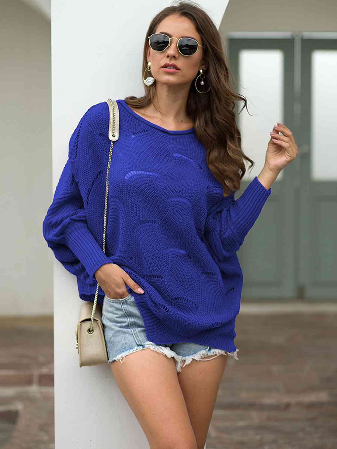 Full Size Boat Neck Lantern Sleeve Openwork Knit Top - Trendsi - Flyclothing LLC