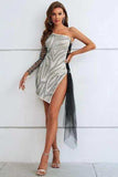 Zebra Print Rhinestone Slit Single Shoulder Dress - Trendsi - Flyclothing LLC