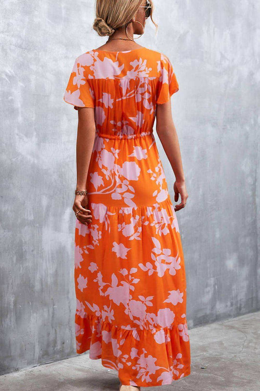 Floral Buttoned Drawstring Waist Tiered Dress - Trendsi - Flyclothing LLC