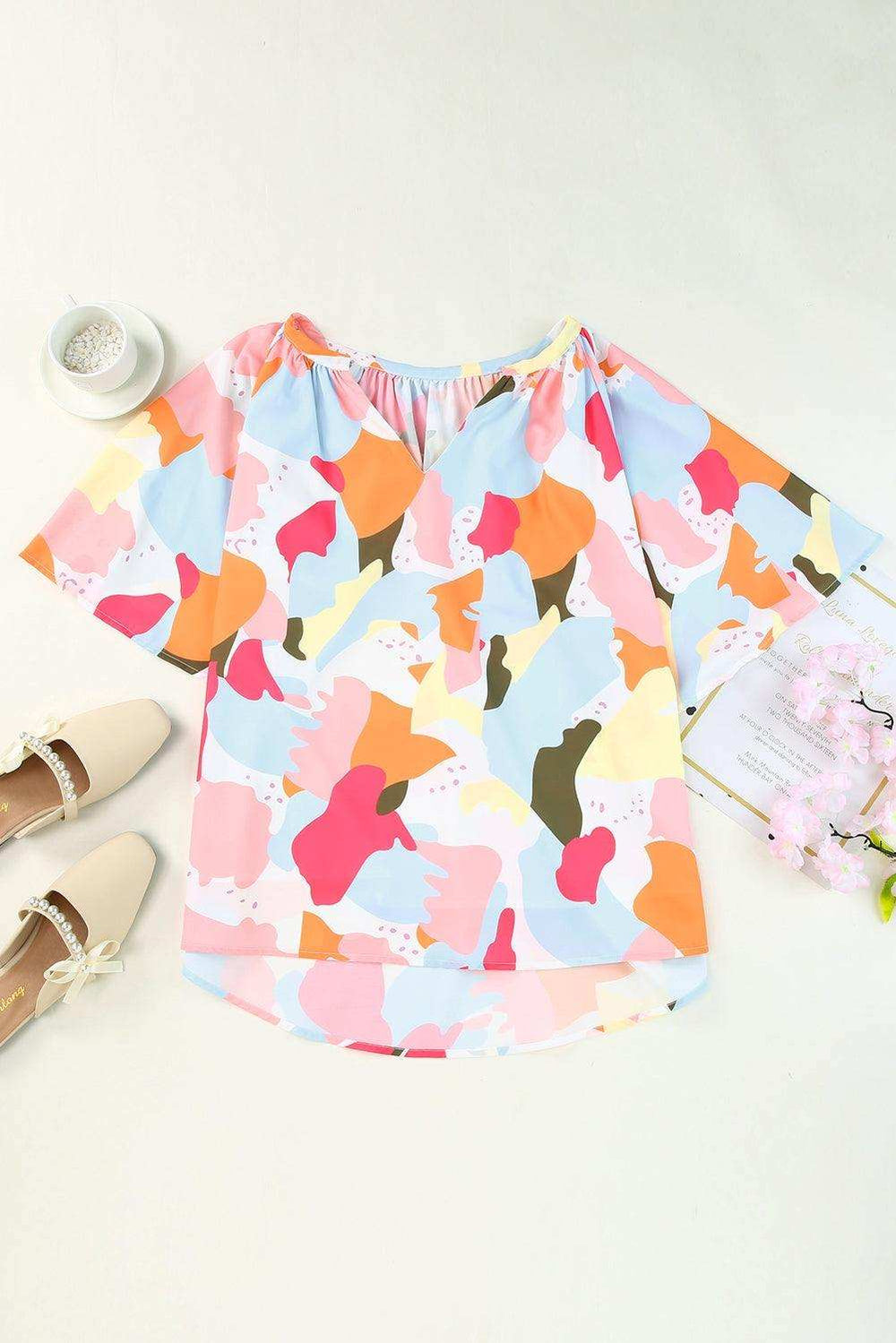 Printed Notched Neck Half Sleeve Blouse - Trendsi - Flyclothing LLC