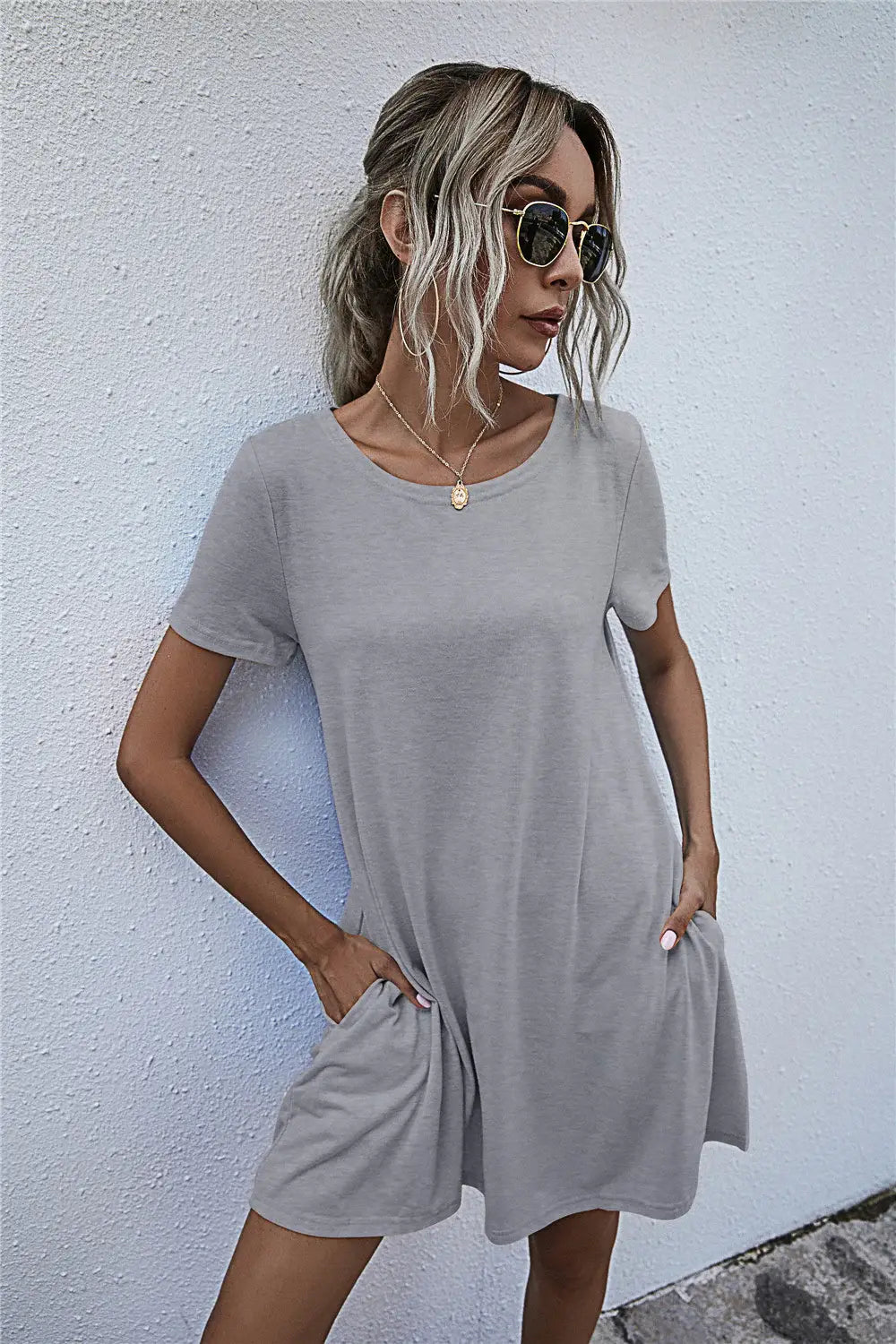Round Neck Short Sleeve Mini Dress - Trendsi - Flyclothing LLC