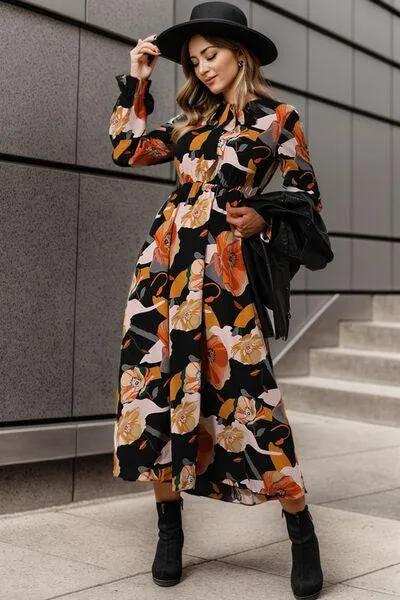 Printed Tie Neck Flounce Sleeve Dress - Trendsi - Flyclothing LLC