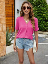 Ruched Short Sleeve V-Neck Blouse - Trendsi - Flyclothing LLC