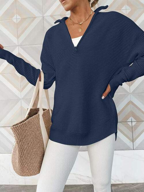 Half Zip Long Sleeve Knit Top - Trendsi - Flyclothing LLC
