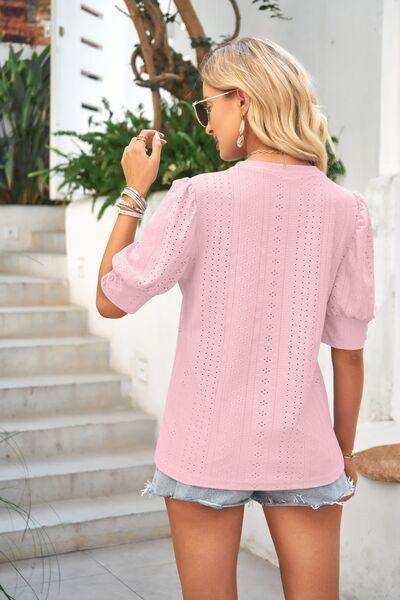 Openwork Round Neck Short Sleeve Blouse - Trendsi - Flyclothing LLC