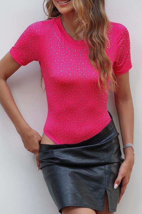 Rhinestone Allover Round Neck Short Sleeve Bodysuit - Trendsi - Flyclothing LLC
