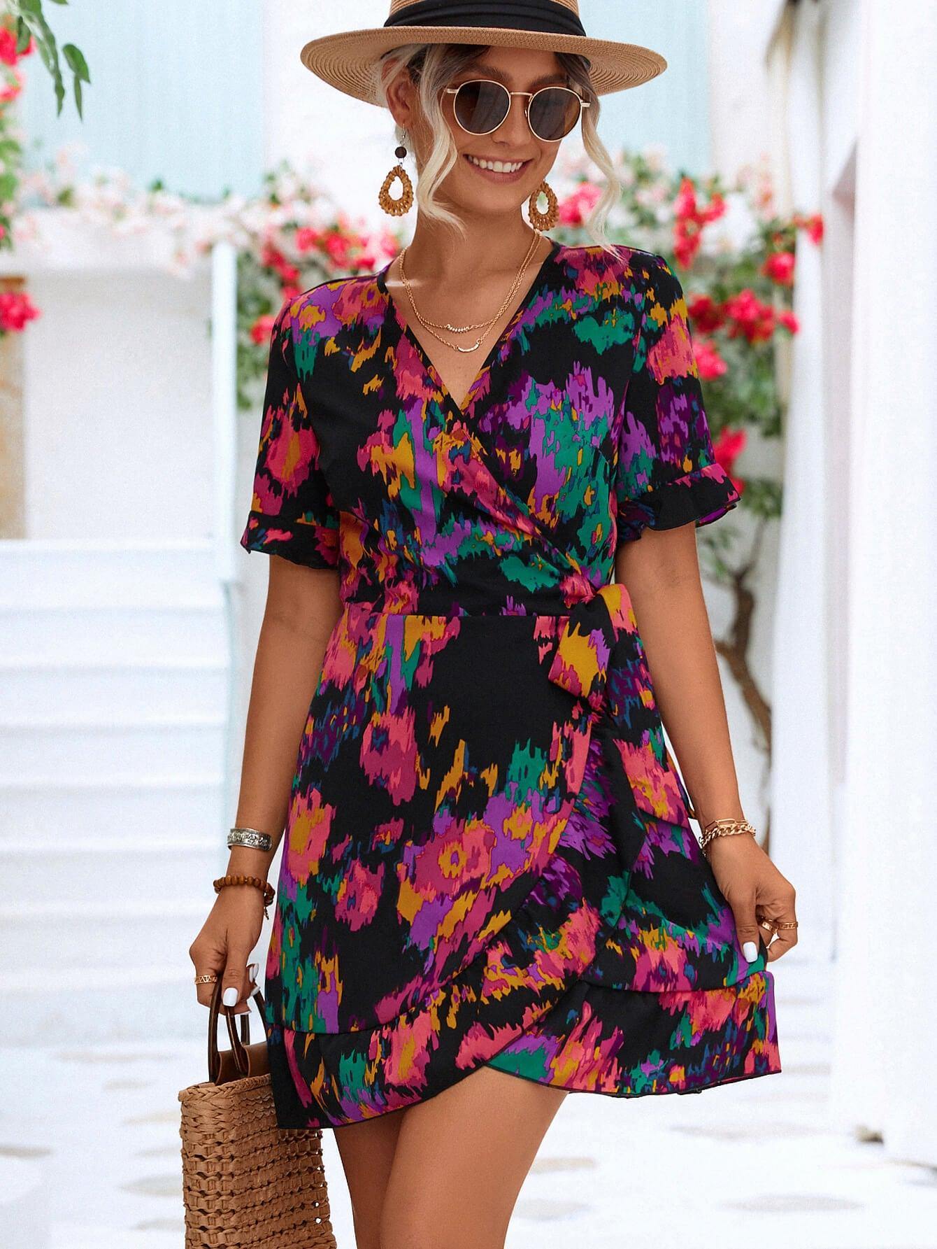 Printed Flounce Sleeve Tied Dress - Flyclothing LLC