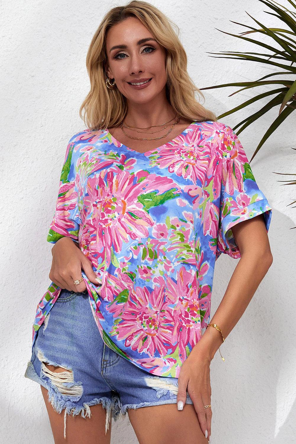 Floral V-Neck Short Sleeve Blouse - Trendsi