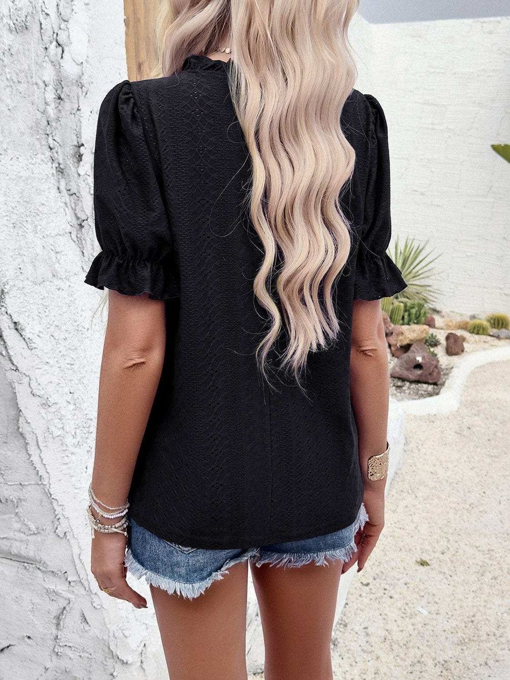 Eyelet Mock Neck Flounce Sleeve Blouse - Trendsi - Flyclothing LLC