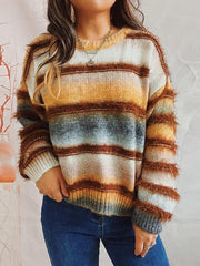Striped Round Neck Long Sleeve Sweater - Flyclothing LLC