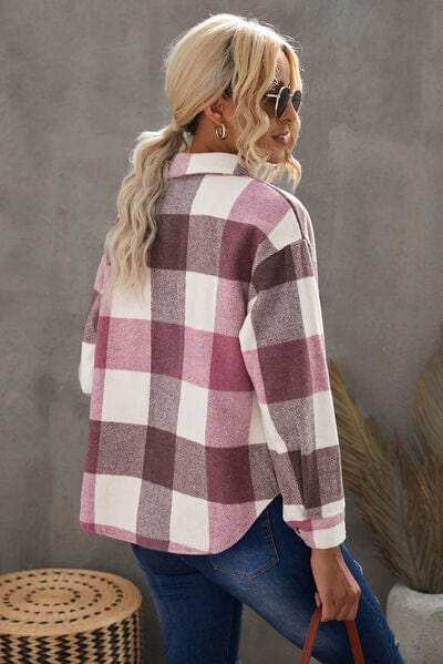 Plaid Button Up Dropped Shoulder Jacket - Trendsi - Flyclothing LLC