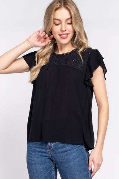 ACTIVE BASIC Ruffle Short Sleeve Crochet Blouse - Trendsi - Flyclothing LLC